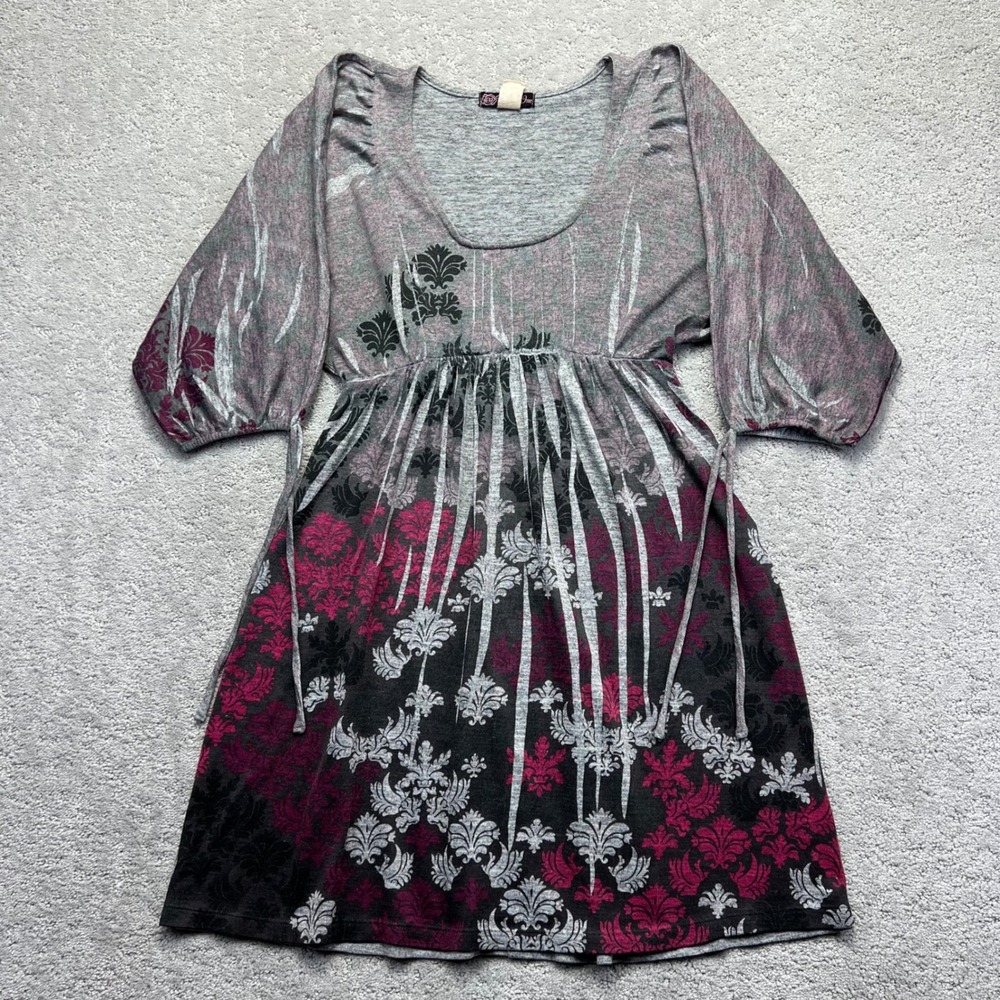VINTAGE Volume One Dress Womens S/M? Gray Pink Floral Empire Waist Dolman Sleeve